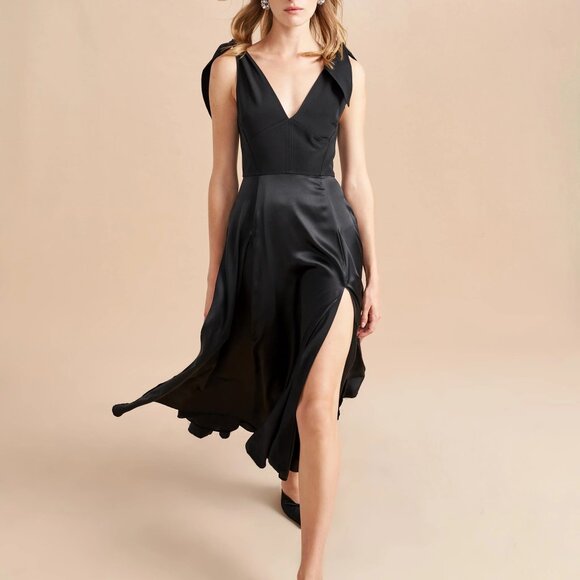 La Ligne Charlotte Tie-Detailed Midi Dress in Navy Blue + Brown Plaid - Picture 8 of 14